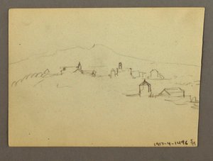 Tekening, kerktoren aangrenzende gebouwen, mogelijk 1868-69 door Frederic Edwin Church