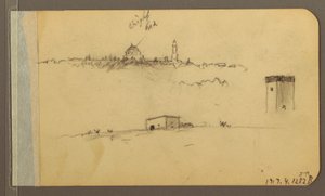 Tekening, Kerk, toren, huis; Verso: Bergketen, 1889 door Frederic Edwin Church