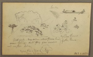 Tekening, Kerk, torens; Verso: Figuren in kano, Botanische schetsen, 1857 door Frederic Edwin Church