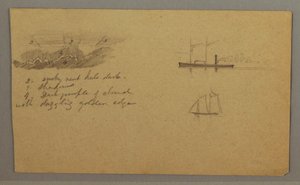 Tekening, Wolkenstudie, stoomschip, zeilboot, mogelijk 1865-66 door Frederic Edwin Church