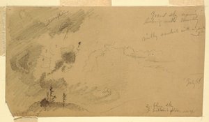Tekening, bewolkte avondlucht boven een heuvelrug, juli 1866 door Frederic Edwin Church