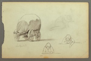 Tekening, Huifkar, Drie studies van een vrouw, mogelijk 1868 door Frederic Edwin Church