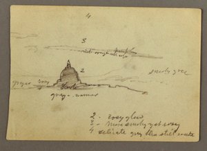 Tekening, Ver uitzicht op de koepel van de Sint-Pietersbasiliek, Rome, Italië, januari 1869 door Frederic Edwin Church