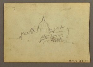 Tekening, Ver uitzicht op de koepel van de Sint-Pietersbasiliek, Rome, Italië, januari 1869 door Frederic Edwin Church