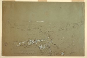Tekening, Ver uitzicht op de vulkanen Tolima en Ruiz vanuit de omgeving van de Tequendama watervallen, Colombia, juni 1853 door Frederic Edwin Church