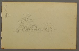 Tekening, Boerderijgebouwen in de verte, 1844 door Frederic Edwin Church