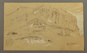 Tekening, El Jemen-vallei, Arabië:  Rotswand, 20 februari 1868 door Frederic Edwin Church