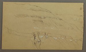 Tekening, El Yemen-vallei, Arabië: Rotsmuur met het bovenste deel dat lijkt op een rij zuilen, 20 februari 1868 door Frederic Edwin Church