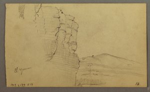 Tekening, El Yemen-vallei, Arabië: Rotsmuur met het bovenste deel dat lijkt op een rij zuilen, 20 februari 1868 door Frederic Edwin Church
