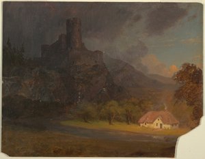 Tekening, Engels kasteel en huisje, ca. 1844 door Frederic Edwin Church