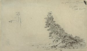 Tekening, Wintergroene boom nabij de kust met een detail van de vuurtoren en een huis, Mount Desert, Maine, juli 1850 door Frederic Edwin Church