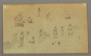 Tekening, Figuurstudies, pakezel, zeilboot, mogelijk 1868 door Frederic Edwin Church