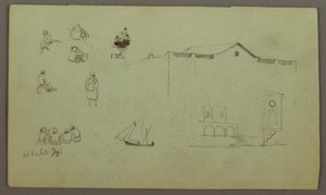 Tekening, Figuurstudies, Zeilboot, Architectuurstudies, mogelijk 1868 door Frederic Edwin Church