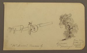 Tekening, Figuur en ossenkar, Cypresboom; Verso: Uitzicht over het Cuitzeomeer, januari 1885 door Frederic Edwin Church