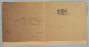 Tekening, toegangspoort en gedeeltelijk zicht op Guaranda, Ecuador, 3 juni 1857 door Frederic Edwin Church
