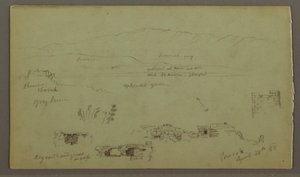 Tekening, heuvelrug over vlakte, ruïnes, 28 april 1868 door Frederic Edwin Church