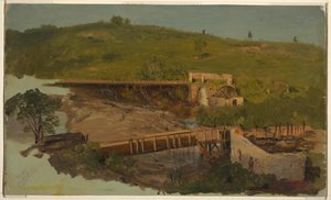 Tekening, Heuvel met viaducten en verwoeste molens, bij Catskill, New York, ca. 1865 door Frederic Edwin Church