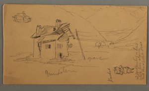 Tekening, Hlaf-Ruined House in Valley, Twee figuren, 1868 door Frederic Edwin Church
