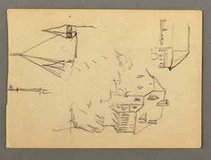Tekening, Huis boven klif, torens, mogelijk 1868 door Frederic Edwin Church