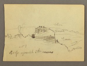 Tekening, Huizen op heuveltop, mogelijk 1868-69 door Frederic Edwin Church