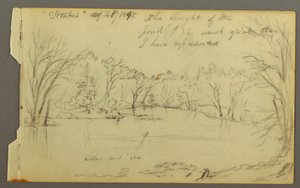 Tekening, Htakie () vijver omzoomd door bomen, 1845 door Frederic Edwin Church