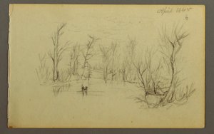 Tekening, Htakie () vijver, twee mensen in kano, 1845 door Frederic Edwin Church