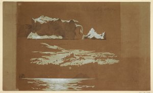 Tekening, IJsbergen bij Cape St. John en Gull Island, Newfoundland, 4 juli 1859 door Frederic Edwin Church