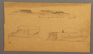 Tekening, Eiland voor de haven van Henly en twee drijvende ijsbergen, 16 juli 1859 door Frederic Edwin Church