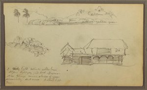 Tekening, Landschap, Boomtoppen, huis, 1857 door Frederic Edwin Church