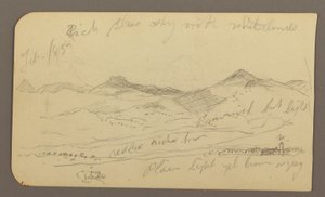 Tekening, Landschap, huizen; Verso: Boomtop, februari 1885 door Frederic Edwin Church