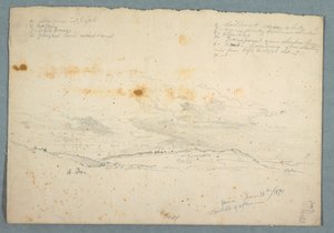 Tekening, Landschap in de Hudson-vallei; verso: Schets van kerk met boombeuken, 14 juni 1870 door Frederic Edwin Church