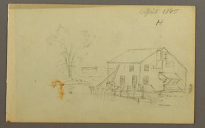Tekening, Loftgebouw met werf naast een beek, 1845 door Frederic Edwin Church