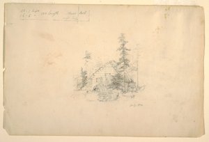Tekening, blokhut omringd door bomen, juli 1844 door Frederic Edwin Church