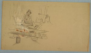 Tekening, Man kampeert in het bos, ca. 1855 door Frederic Edwin Church