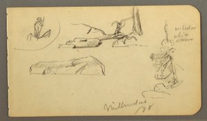 Tekening, Man in boot, rotsblokken, boomstam, bomen, 1878 door Frederic Edwin Church