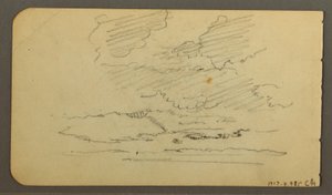 Tekening, Man in boot, keien, boomstam, bomen, 1878 door Frederic Edwin Church