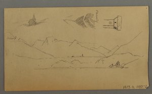 Tekening, Middeleeuws kasteel, twee torens, figuurstudies, bij Thun, mogelijk 1868 door Frederic Edwin Church