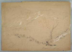 Tekening, Mount Katahdin, gezien vanuit het zuiden, augustus 1852 door Frederic Edwin Church