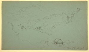 Tekening, Berglandschap, Huis, "bij Jorje," Ecuador, juni 1857 door Frederic Edwin Church