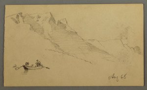 Tekening, Bergtoppen, twee figuren in een roeiboot, augustus 1868 door Frederic Edwin Church