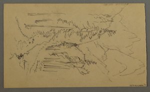 Tekening, Bergtoppen, twee figuren in een roeiboot, augustus 1868 door Frederic Edwin Church