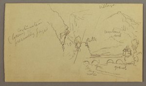 Tekening, Bergdal, Brug, Gebouwen, mogelijk 1868-69 door Frederic Edwin Church