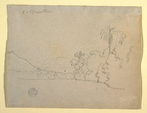 Tekening, Bergachtige oever van een baai, Zuid-Amerika, 1853 door Frederic Edwin Church