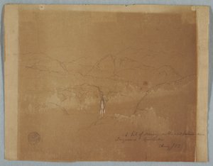 Tekening, Berglandschap met een waterval, bij Tuquerres, Colombia, augustus 1853 door Frederic Edwin Church