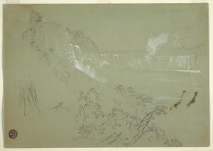 Tekening, Niagara-watervallen vanaf de voet van Prospect Point, 1856 of 1858 door Frederic Edwin Church