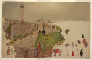 Tekening, Parade die de stad binnenkomt, Jaffa, begin maart 1868 door Frederic Edwin Church