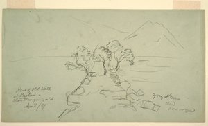 Tekening, deel oude muur in Paestum, olijfbomen groeien erop, april 1869 door Frederic Edwin Church