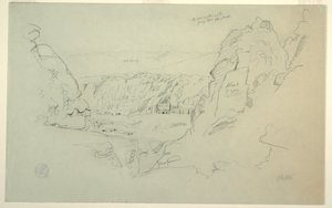Tekening, Petra, Jordanië vanuit het westen, met het paleis en de Korinthische graftombes, 26 februari 1868 door Frederic Edwin Church