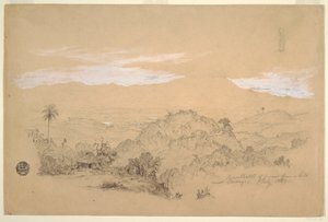 Tekening, Recollections of a View from a Hill near Cartago, Colombia with a Woman Carrying a Water Jar on Her Head, juli 1853 door Frederic Edwin Church
