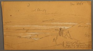 Tekening, Rivier door bergdal met hemel en halve maan, november 1866 door Frederic Edwin Church